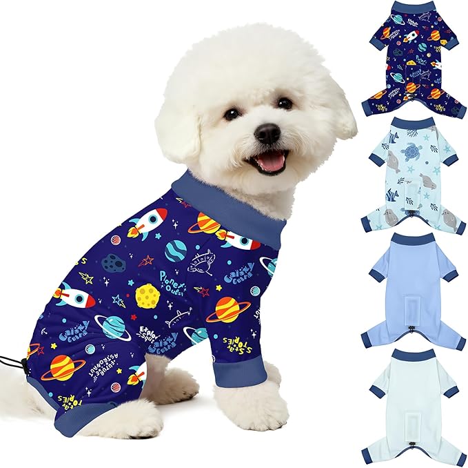 Bienbee Dog Pajamas, 4 Pack Dog Recovery Suit Shedding Suit Cute Soft Puppy Clothes Dogs Pjs Onesies Jammies Adjustable Breathable & Stretchy Clothes for Small Medium Large Dogs Girl Boy Puppy-M