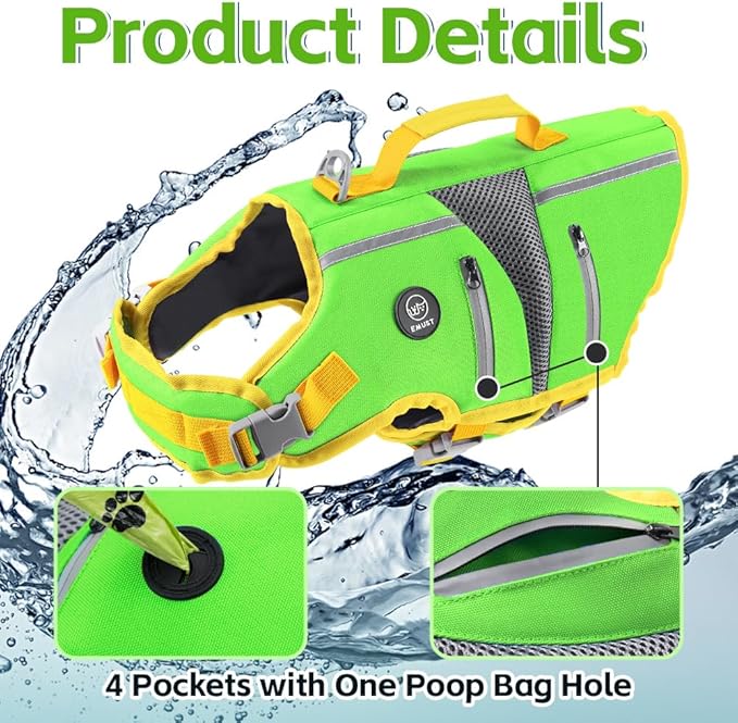 EMUST Dog Life Jacket, Lightweight Reinforced Dog Swim Vest for Small Medium Large Dogs with Pockets, Reflective Pet Float Coat Lifesaver for Boating Swimming Pool, Green, M