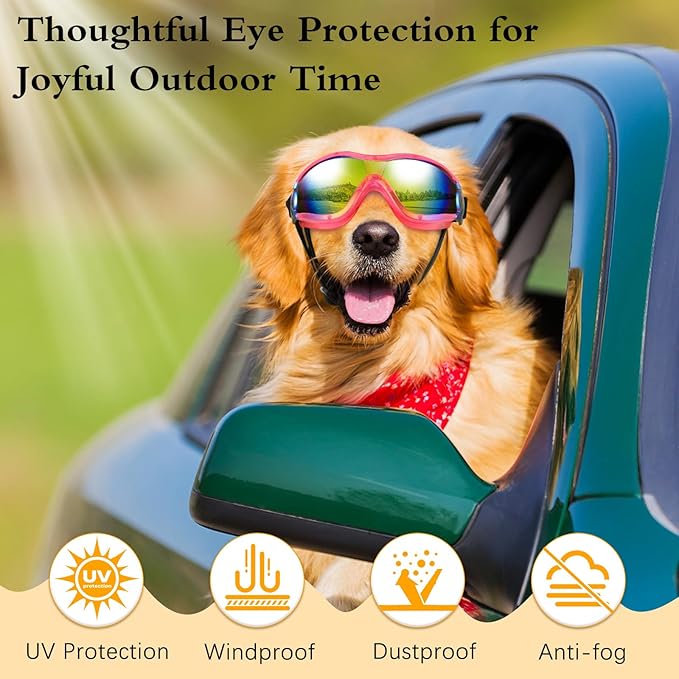 Lewondr Dog Goggles Medium to Large Breed, Dog Sunglasses with Adjustable Straps, UV/Wind/Dust/Fog/Snow Proof Dog Eye Protection Sunglasses for Outdoor Driving Riding, Pink