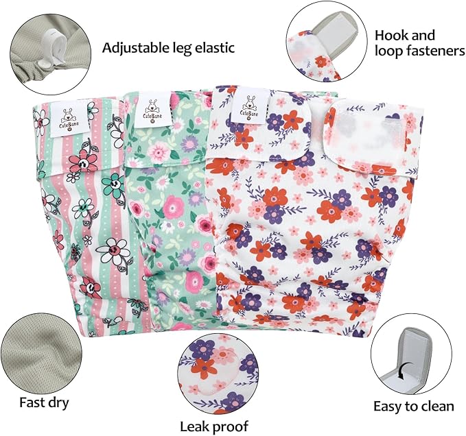 CuteBone Washable Dog Diapers Female No Tail Hole 3 Pack Reusable Doggie Period Training Pants for Docked-Tail Frenchie French Bulldog Boston Terrier Without Tail WWD35XL