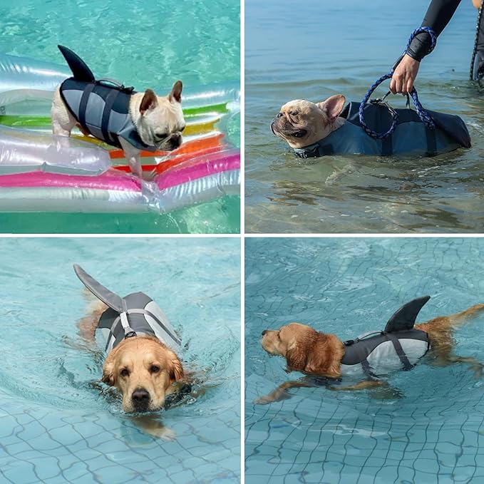 Dogcheer Dog Life Jacket Shark, Adjustable Dog Swim Life Vest for Swimming Boating with Superior Buoyancy & Rescue Handle, Ripstop Pet Flotation Vest for Small Medium Large Dogs - Grey, XL