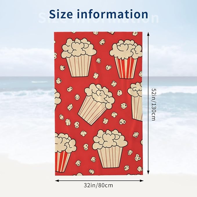 Movie Popcorn Beach Towel Food Sand-Free Microfiber Bath Towel Ultra Soft Quick Dry Pool Towel Absorbent Towel Lightweight Towel Gifts for Outdoor Bathroom Swimming Decor 31inx51in