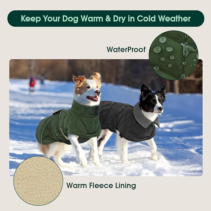 Kuoser Dog Winter Coat Waterproof Dog Snow Jacket, Warm Fleece Lined Pet Turtleneck Snowsuit Puppy Cold Weather Coats with Harness Hole, Adjustable Winter Vest for Medium Large Dogs, Green, L