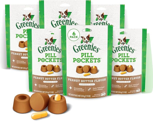 Greenies Pill Pockets for Dogs Large Size, Dog Treat Pouch for Capsule Medication, Peanut Butter Flavor, (6) 7.9 oz. Pouches