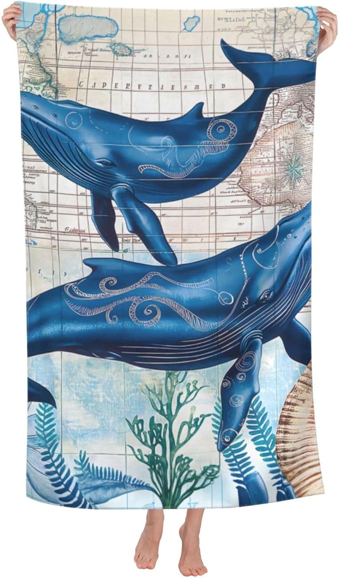 Vintage Whale Beach Towel 31inx51in, Nautical Ocean Map Sand-Free Microfiber Bath Towel Ultra Soft Quick Dry Pool Towel Absorbent Towel Lightweight Towel for Swimming Bathroom Decor