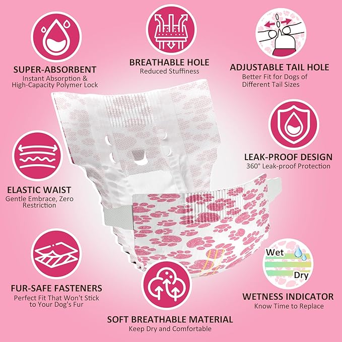 Dono Dog Diapers Female, Disposable Doggie Diapers, Super Absorbent Puppy Diapers with Adjustable Tail Hole, Wetness Indicator for Cats Doggy in Heat Period, X-Small, 32 Count
