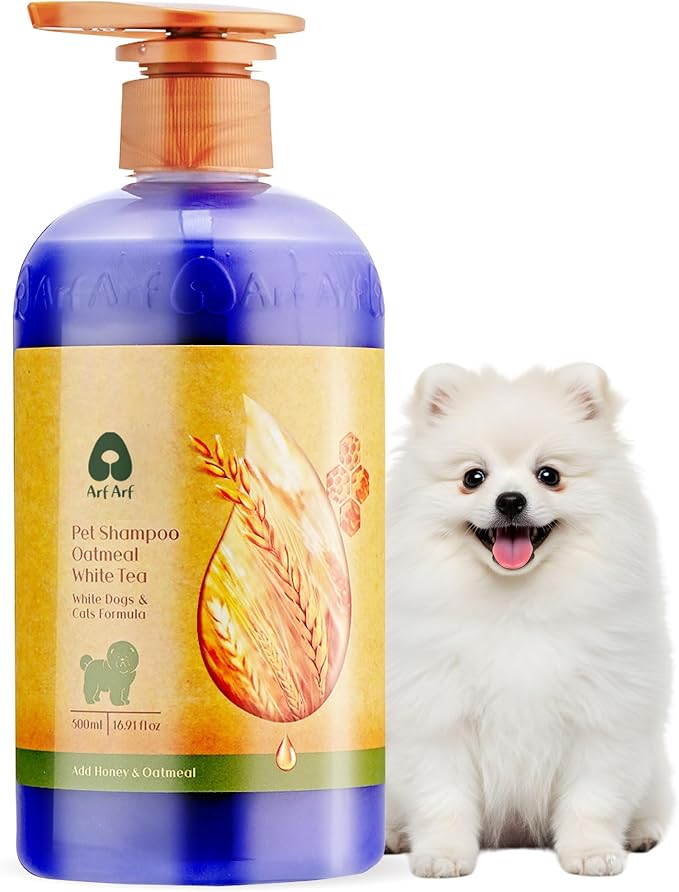 Arf Arf Whitening Dog Shampoo with White Tea & Oatmeal - German pH-Balanced Formula for White Dogs - Removes Yellowing for Maltese & Samoyeds - Gentle Brightening Wash - Fresh Scent, 16oz