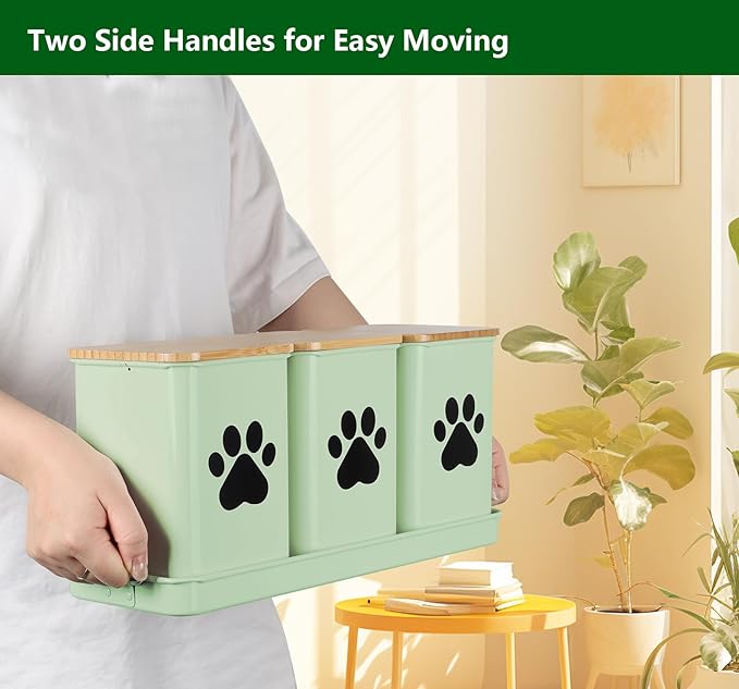 Set of 3 Metal Dog Treat Jars,60oz Airtight Dog Treat Container with Bamboo Lids,Cat Treat Canister,Puppy Cookie Container for Kitchen Counter,Coated Galvanized Steel-Green