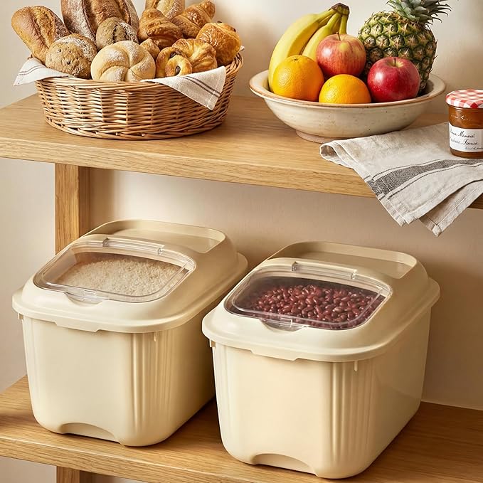 4 Pack Sugar Storage Containers Flour Bin with Wheels Large Pet Dog Food Storage Boxes Measuring Cup Sealed Transparent Flip Lid Portable Household Rice Container Set (Yellow,20 Lbs)