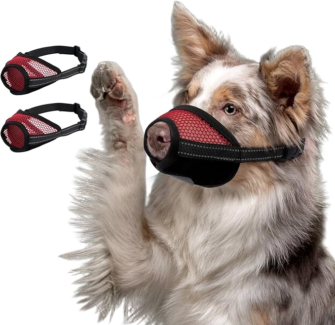 2 Pack Dog Muzzle for Large Dogs, Soft Air Mesh Breathable Muzzle Allows Panting Drinking, Adjustable Pet Muzzles with Upgraded Buckle to Prevent Biting Barking for Walks, Training, Red, XL