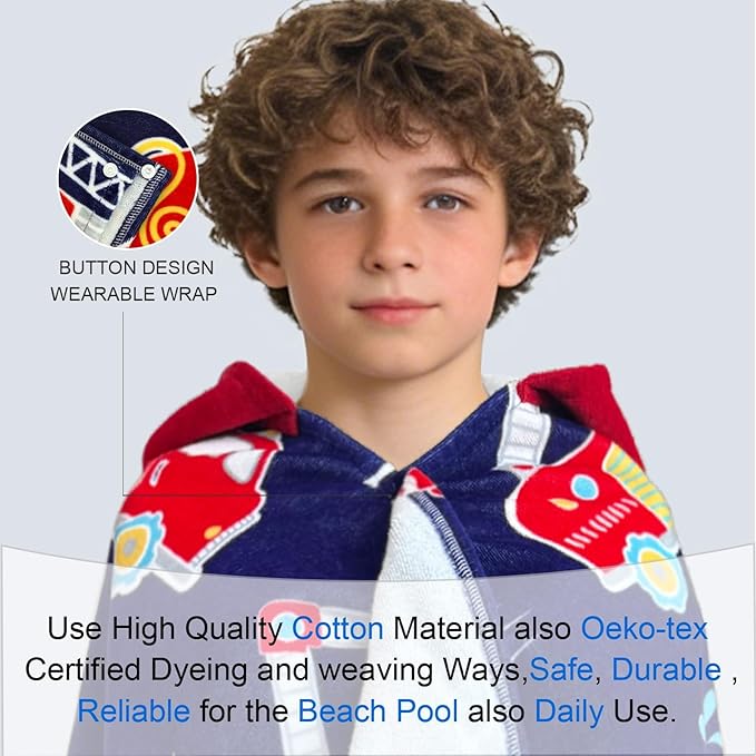 VOOVA & MOVAS Hooded Beach Towels for Teens & Big Kids (8Years Up) | 100% Cotton Thick Soft Absorbent Towel Wrap for Beach, Pool, Swim & Bath | Fire Truck Design