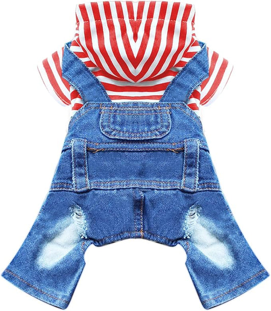 Small Dog Hoodie Clothes Cute Stripe Shirts Denim Jumpsuit One-Piece Outfit for Small Medium Dogs Cats Boy Girl Chihuahua Blue Jeans Overalls Puppy Costume (Red,XL)