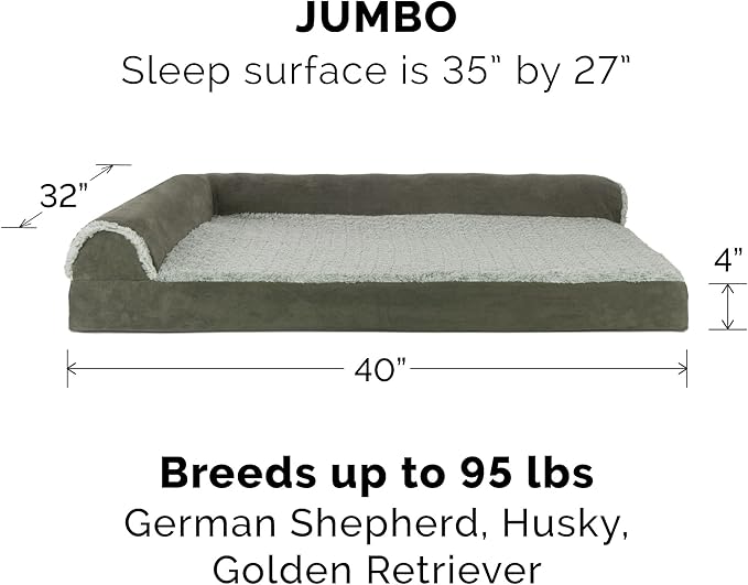 Furhaven Replacement Dog Bed Cover Two-Tone Faux Fur & Suede L Shaped Chaise, Machine Washable - Dark Sage, Jumbo (X-Large)
