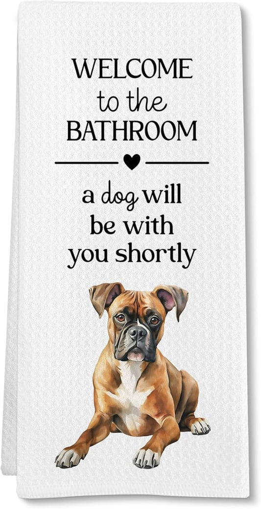Funny Boxer Dog Hand Towels, Boxer Gifts for Women Hand Towel, A Dog Will Be with You Shortly Decorative Towels Bath Towel for Bathroom, Funny BoxerDog Bathroom Decor, 16x24in