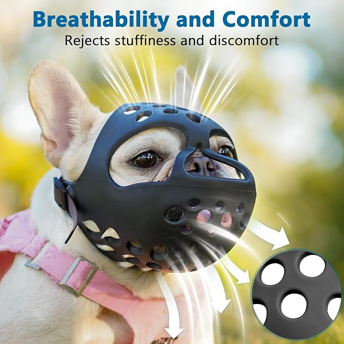 BARKLESS Short Snout Dog Muzzle, Soft Silicone Flat Faced Muzzle for French Bulldog Shih Tzu and Pug for Biting Chewing Licking and Grooming, Allows Panting