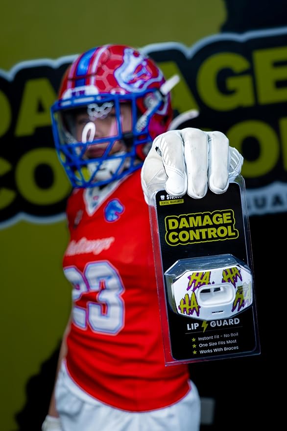 DAMAGE CONTROL Youth Football Mouth Guard – Breathable No Boil Mouthpiece, Protects Lips & Teeth, Works with Braces, Includes Helmet Strap – Sports Gear & Accessories (HA HA HA)