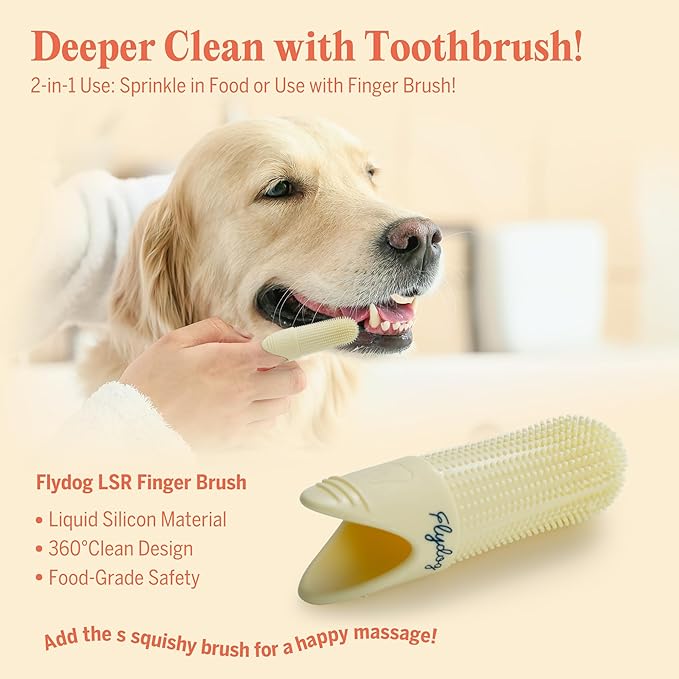 Flydog Fresh Kiss Dog Dental Powder with Finger Brush - Probiotic Breath Freshener for Dogs, Helps Reduce Plaque & Tartar, Beef Flavor, All Natural