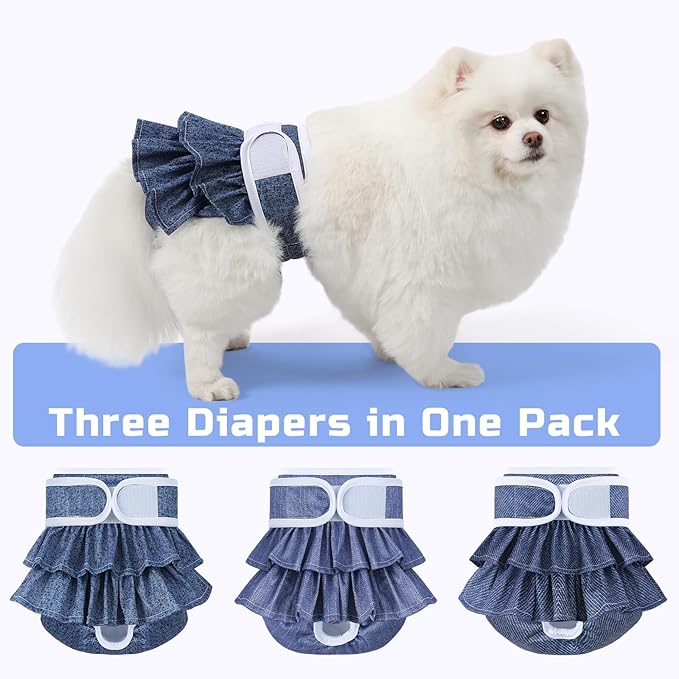 Reusable Dog Diapers Female 3 Pack Doggie Diapers for Period Heat Incontinence Puppy Training (X-Small, Jeans)