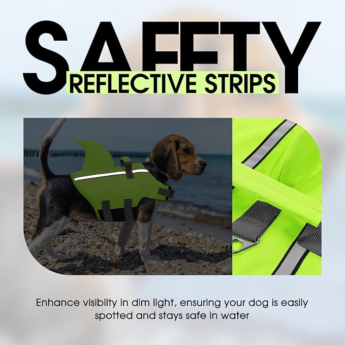 SUNFURA Dog Life Jacket Shark Life Vest for Dogs, Adjustable Swmming Vest with High Buoyancy, Safety Lifesaver with Rescue Handle for French Bulldog Small Medium Breeds, Green L