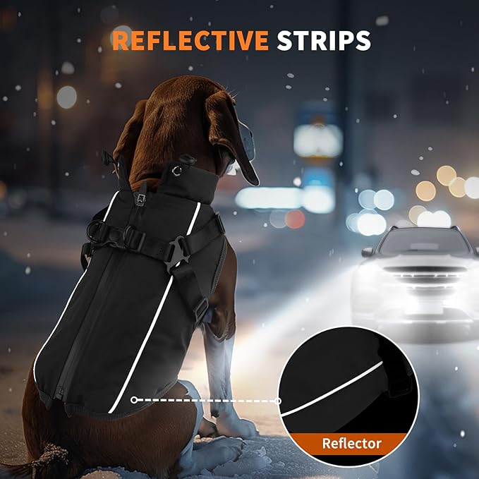 Dog Winter Coat Reflective Water-Resistant Jacket, Fleece Lined Windproof Puppy Coat with Back Zipper & D-Ring, Cold Weather Dog Coats for Small Medium Dogs (L, Black)