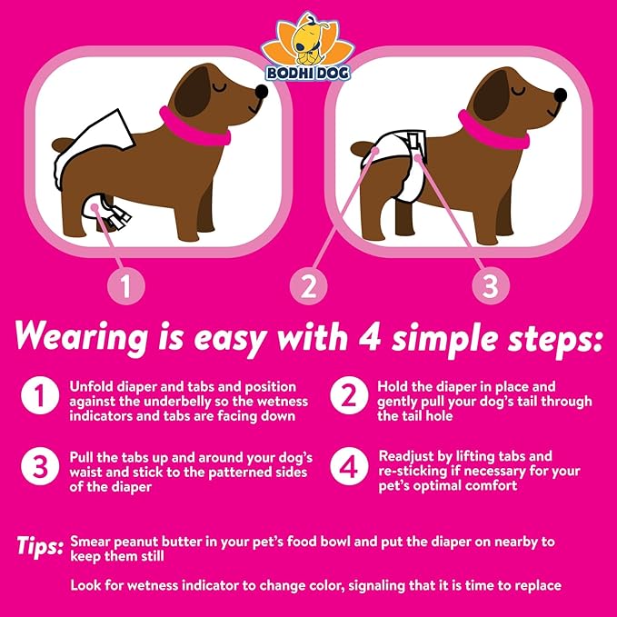Bodhi Dog Disposable Female Dog Diapers - Super Absorbent Dog Diapers for Female Heat Cycle - Adjustable Fit Pee Wraps for Potty Training, Moisture Control & Wetness Indicator - Small (20 Count)