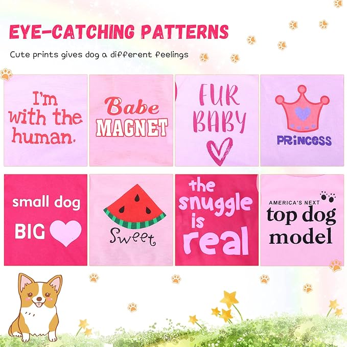 Reginary 8 Pieces Dog Shirts Girl Small Dog Clothes for Chihuahuas Yorkies Female Puppy Shirts Printed Pet Outfit Cute Breathable Soft Valentine's Day Doggie Cat Lovers Gift(Cute Pattern,Size L)