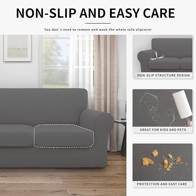 Easy-Going 100% Dual Waterproof 3 Pieces Loveseat Cover Stretch Soft Couch Cover for Dogs, Sofa Slipcover for 2 Separate Cushion Couch Leakproof Furniture Protector for Kids, Pets Gray