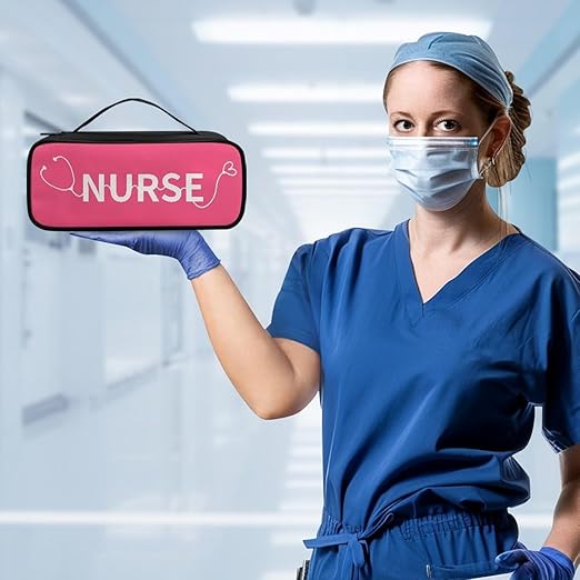 Gomyblomy Pink Stethoscope Case with Extra Room for Nursing Accessories, Cartoon Stethoscope Nurse Print Stethoscope Holder Storage Organizer Bag with Handle for Nurses