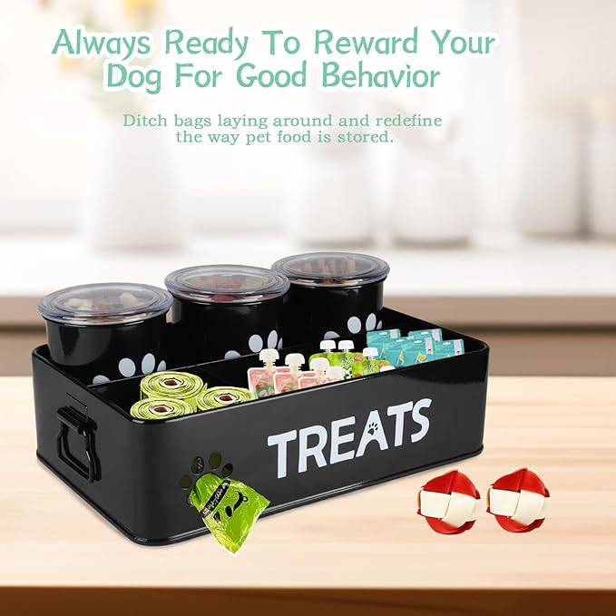 3-Compartment Dog Treat Container with Lids-Airtight 28oz Food Storage Containers for Pets & Snacks, Coated Galvanized Steel Countertop Canister, Kitchen Pantry Organization System-White (Black)
