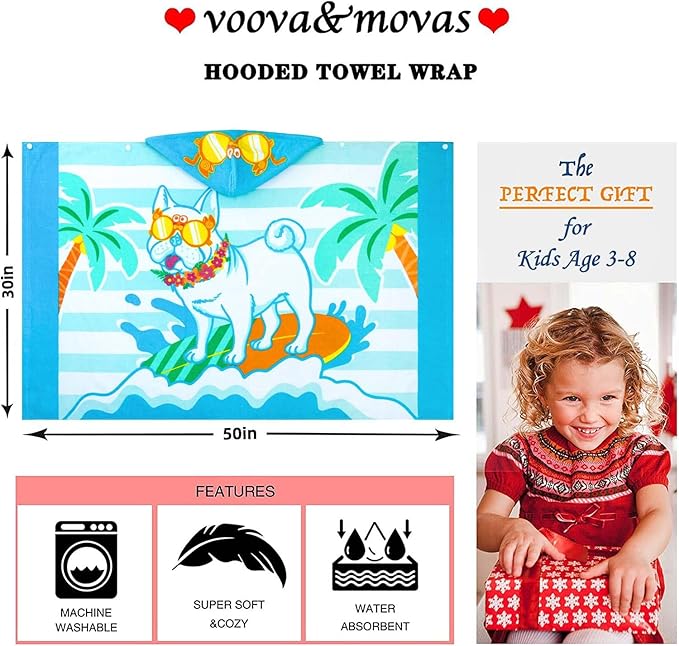 VOOVA & MOVAS Toddler Towels for Kids 3-8Years, 30''X50, Soft | Thick | 100% Cotton | Absorbent Towel Wrap, Perfect for Kids Beach, Pool, Bath, Swimming, Stripe Dog