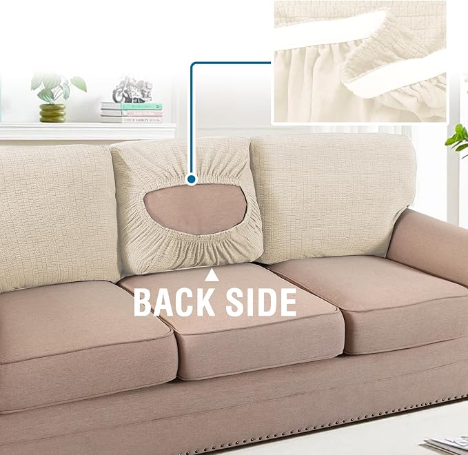 H.VERSAILTEX Jacquard Couch Cushion Covers High Stretch Sofa Covers for 3 Cushion Couch Furniture Protector Spandex Anti-Slip Soft Thickened Slipcovers Crizzle Pattern(3 Back Covers, Ivory)