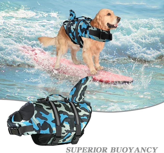 Doglay Dog Life Jacket Shark, Ripstop Dog Life Vests for Swimming Boating with High Buoyancy and Rescue Handle, Adjustable Dog Life Jacket Pet Flotation Vest for Small Medium Large Dogs