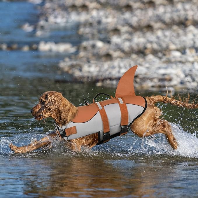 Queenmore Dog Life Jacket with Release Handle - Adjustable Reflective Dog Life Preserver for Small Dogs, Brown