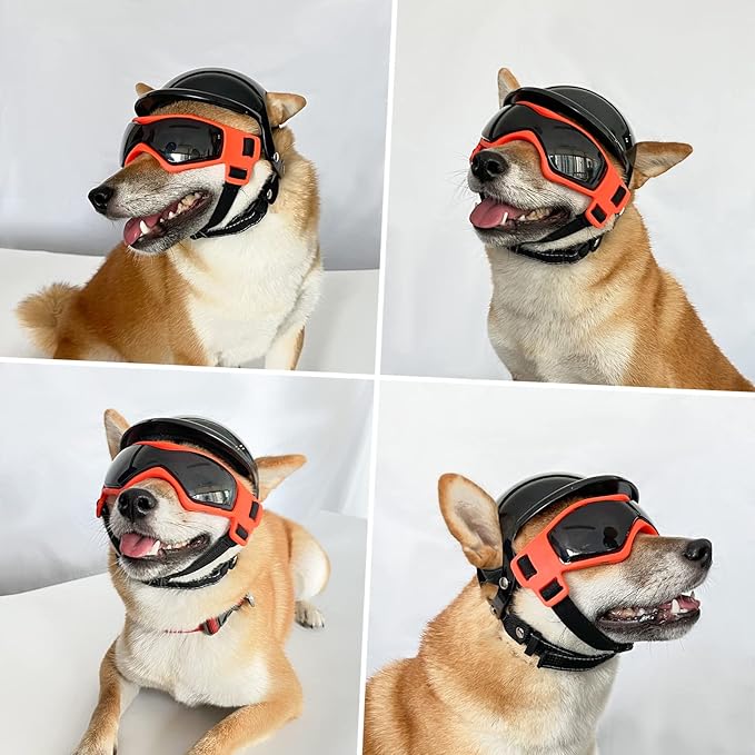 PETLESO Dog Goggles for Small Dogs with Helmet, 2PCS Doggy Sunglasses and Pet Motorcycle Helmet Set for Small Medium Breed Outdoor Driving Walking, Orange