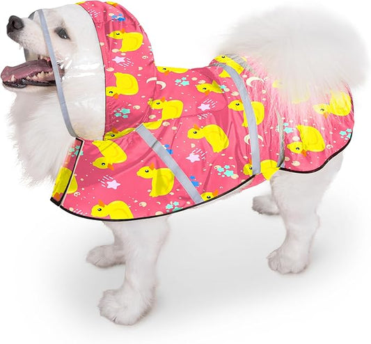 Dog Raincoat, Adjustable Rain Jacket with Hooded Double Layer for Large Medium Small Dogs Puppies, Lightweight Waterproof Rain Coat Poncho with Reflective Stripe Duck Pink,XL