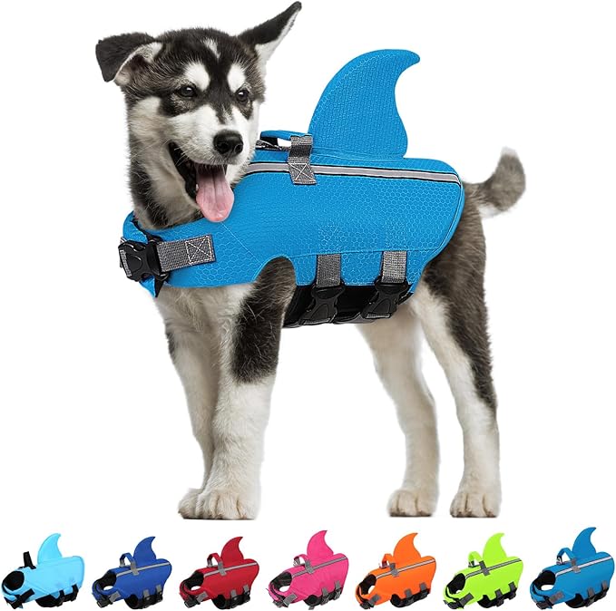 SUNFURA Dog Life Jacket Shark Life Vest for Dogs, Adjustable Swmming Vest with High Buoyancy, Safety Lifesaver with Rescue Handle for French Bulldog Small Medium Breeds, Light Blue M