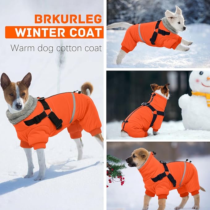 BRKURLEG Small Dog Winter Coat with Harness Built in, Orange Winter Dogs Jackets, Fullbody Dog Coat, Dogs Snowsuits Reflective Windproof Cold Weather Coats, Pet Warm Fleece Coats, XL