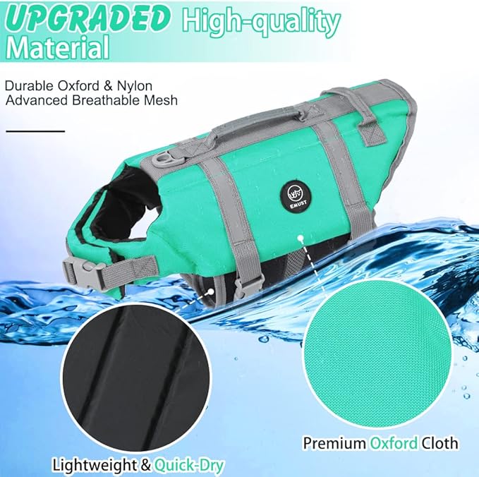 EMUST Dog Life Jackets for Swimming, High Buoyancy Vests for Boating & Beach - Small/Medium/Large, Turquoise