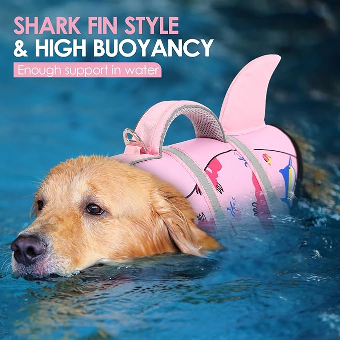 AOFITEE Dog Life Jacket, Dog Life Vest for Swimming, Shark Dogs Swimming Vest with Rescue Handle and Reflective Stripe, Ripstop Pet Float Coat Swimsuit Lifesaver Small Medium Large Dogs Pink XL