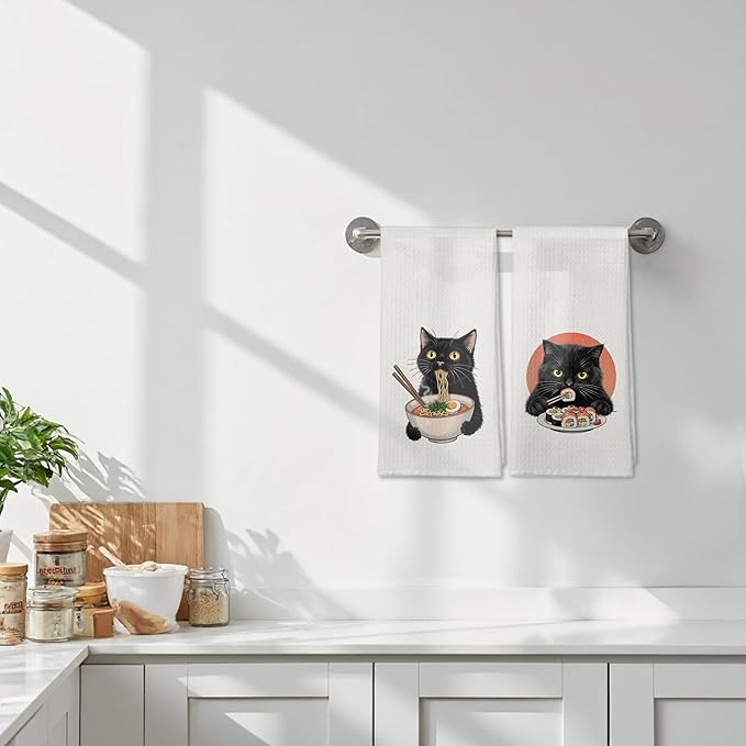 Funny Black Cat Kitchen Towels Set of 2, Cat Lovers Mom Lady Gifts Dish Tea Towels for Kitchen, Vintage Japanese Noodles Sushi Black Cats Decorative Hand Towels, 16x24 Inches