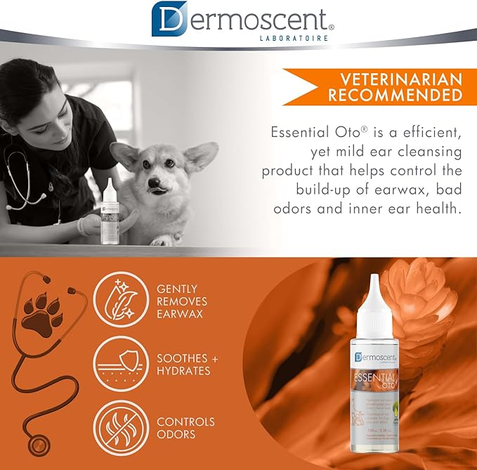 Dermoscent Essential OTO Ear Cleaner for Dogs, Cats, and Rabbits | 100% Natural Formula with Hemp Seed Oil, Gentle Earwax Removal, Odour Control, Ideal for Sensitive Ears