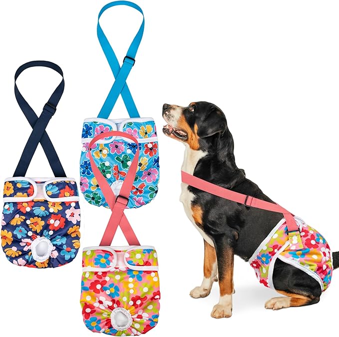 Pet Soft Dog Diapers Female with Suspenders, 3 Pack Reusable Female Dog Diapers for Heat, Dog Period Panties for Doggie in Cycle(Medium, Bear Brown)