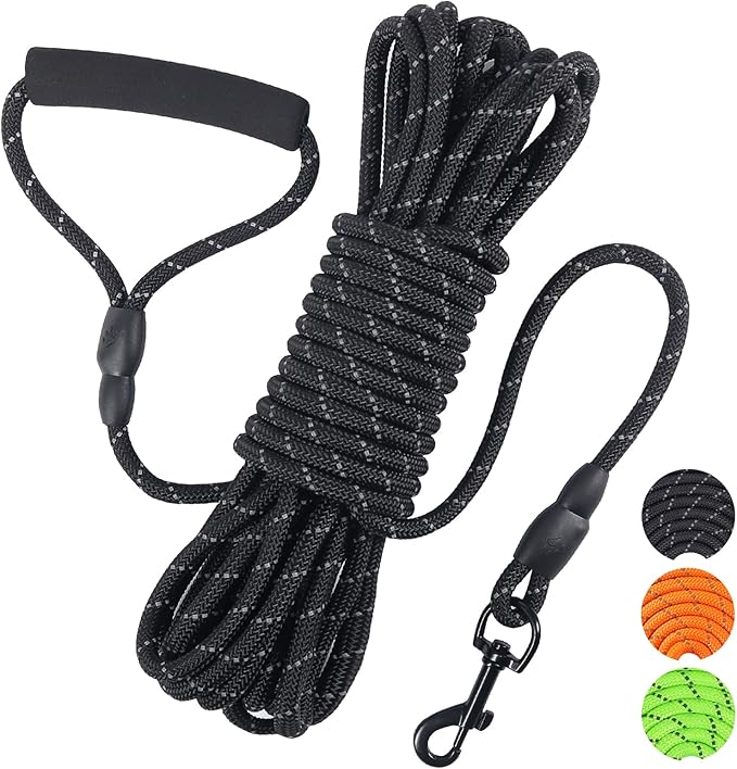Vivifying Long Dog Leash, 32ft Reflective Dog Training Leash for Outside and Yard, Floating Long Line Lead with Soft Handle for Camping, Hiking, Swimming and Beach (Black)