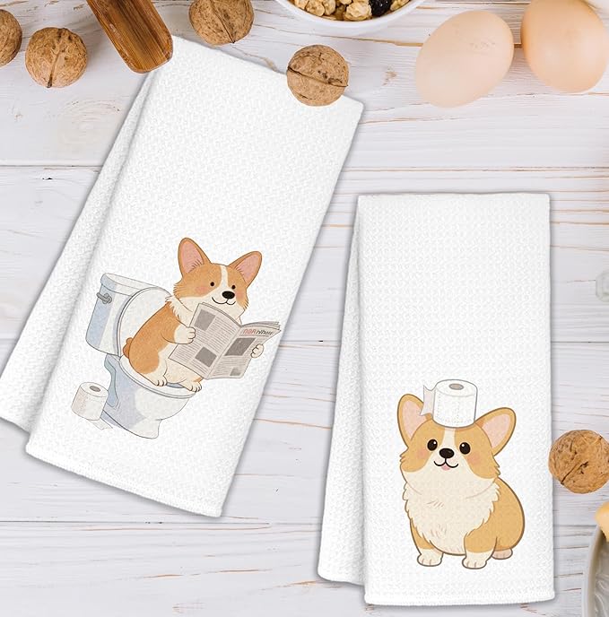 Funny Corgy Bathroom Hand Towels Set of 2, Kids Bathroom Decor, Corgi Lovers Gifts, Cute Dog Hand Towels for Bath Room Washroom Toilet, Dog Lover Mom Gifts, 16x24 Inch