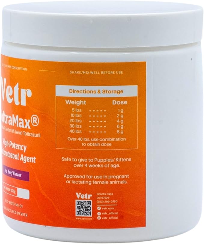 Vetr's Toltramax Toltrazuril Powder for Horses, Dogs, Cats, 100g (5.0%, Beef)
