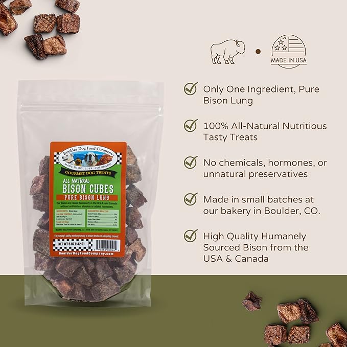 Bison Cubes Single Ingredient Healthy Dog Treats - All Natural, Vet Approved, Grain Free, Nutritious Made in USA Treats for Dogs (Bison Lung, 5oz)