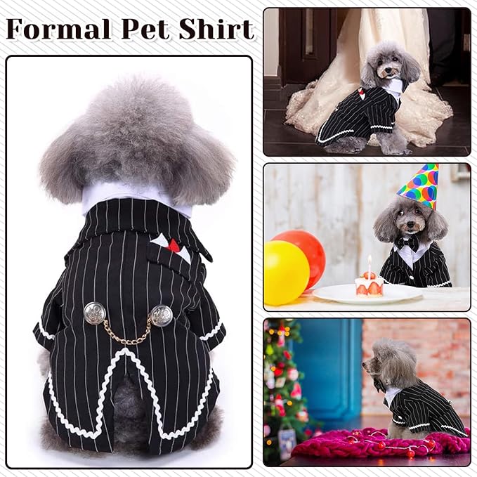DENTRUN Dog Tuxedo Suit with Bow Tie - Formal Black & White Striped Pet Costume Shirt, Elegant Wedding Outfit Birthday Party Attire for Golden Retriever Husky Border Collie Large Dogs, XXXL