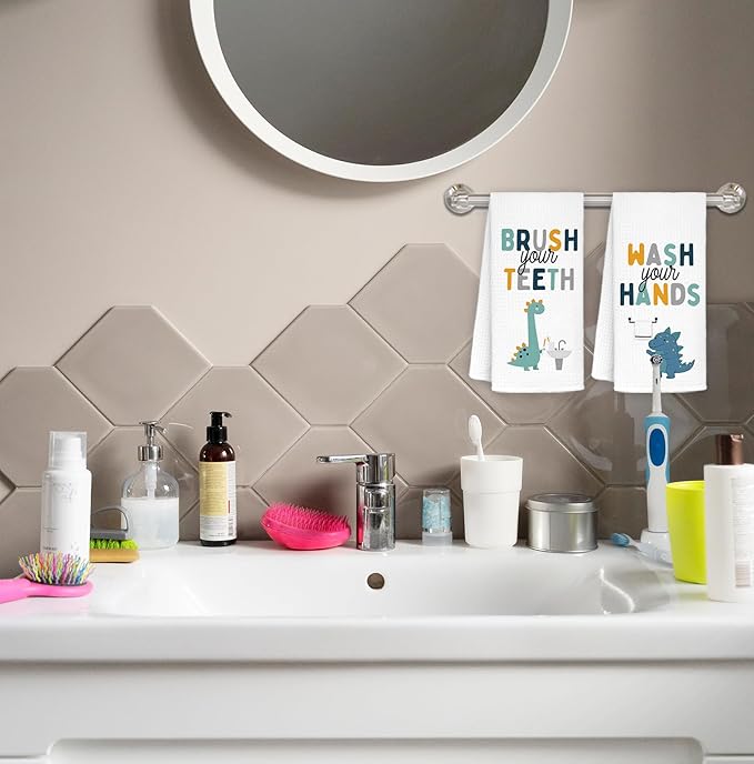 Funny Dinosaur Bathroom Hand Towels Set of 2, Dinosaur Gifts for Kids, Kids Bathroom Decor, Brush Your Teeth Wash Your Hands Hand Towels for Bath Room Washroom Toilet, 16x24 Inch