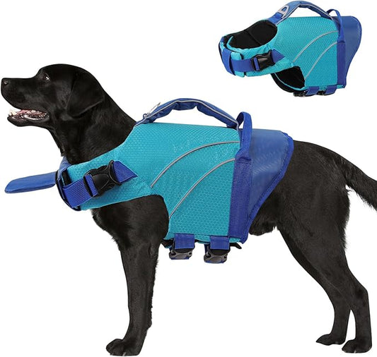Queenmore Dog Life Jacket Large, Pet Pool Float with Chin Float, Large Dog Life Vest for Swimming, Adjustable Ripstop Pet Life Vest for Water at Pool, Beach, Boating (Blue,XL)
