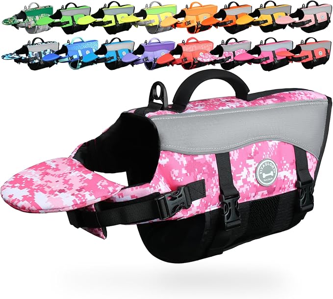 VIVAGLORY Front Float Dog Life Vest, Dog Life Jacket for Swimming & Boating, Swimming Vest with Chin Float & Handle, Ripstop & Buoyancy for Puppy Doggy, S, Camo Pink